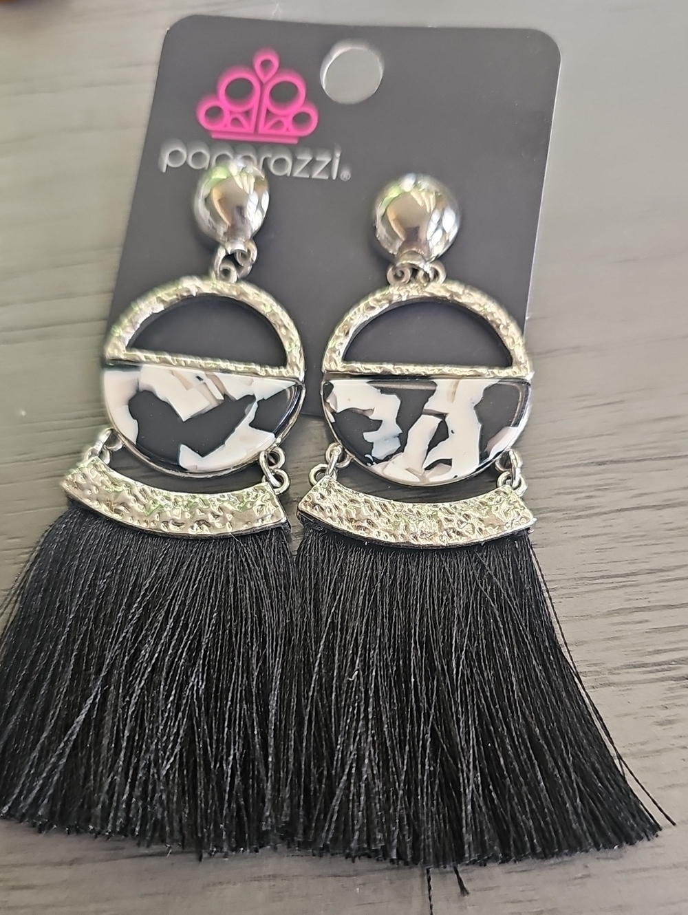 paparazzi Black and White Marbled Drop Fringe Earrings